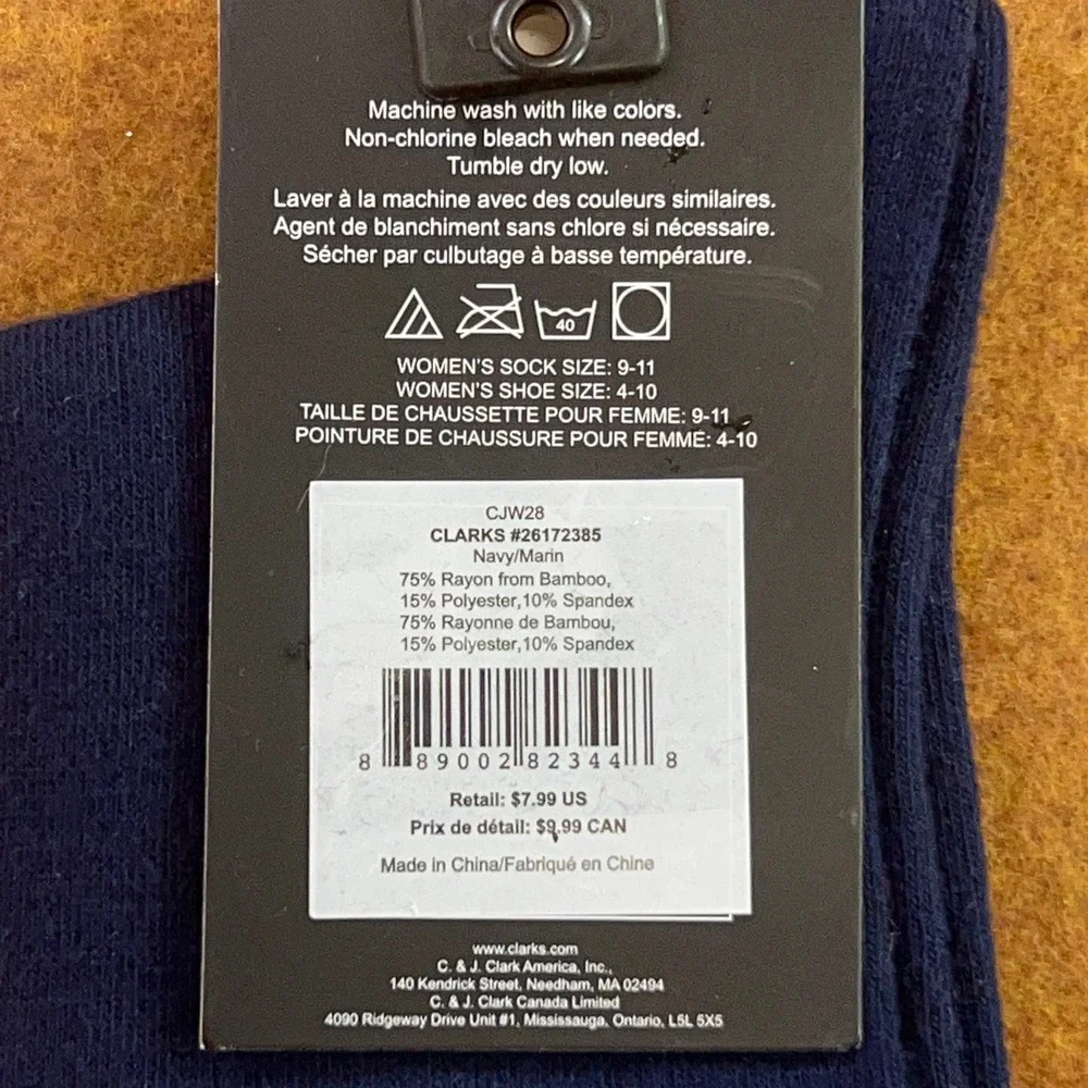Clarks Womens Shoe Size 4-10 Navy Blue Bamboo Blend Ribbed Crew Socks 1 Pair NWT
